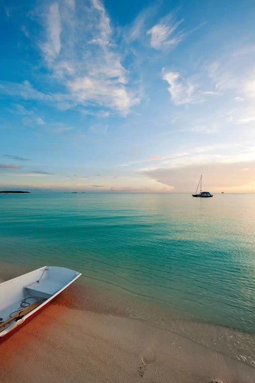 Dinghy Boat On Beach At Sunset, Great Exuma Island, Bahamas