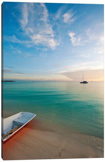 Dinghy Boat On Beach At Sunset, Great Exuma Island, Bahamas Canvas Art Print - Bahamas