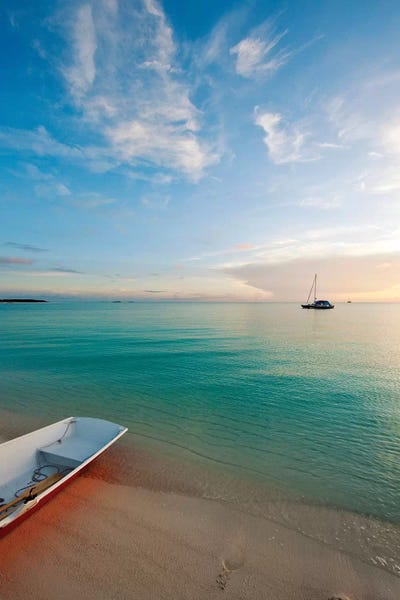 Dinghy Boat On Beach At Sunset, Great Exuma Island, Bahamas