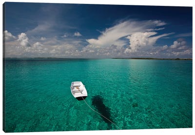 Dinghy In Clear Turquoise Water, Great Exuma Island, Bahamas Canvas Art Print - Calm Art