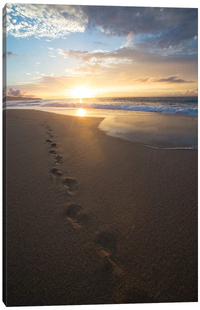 Footprints On The Beach At Sunset, Oahu, Hawaii, USA Canvas Art Print - Cloudy Sunset Art