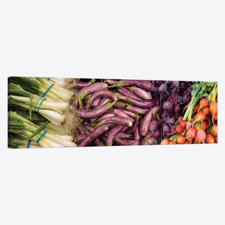 Green Onions, Chinese Eggplant, Red And Golden Beets For Sale Canvas Print #PIM14678} by Panoramic Images Canvas Artwork