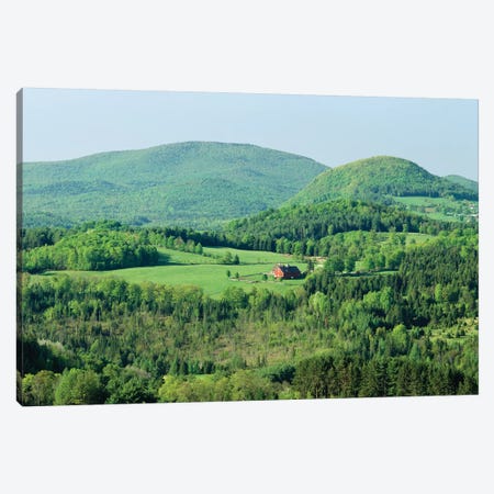 High Angle View Of A Barn In A Field Surrounded By A Forest, Peacham, Caledonia County, Vermont, USA Canvas Print #PIM14685} by Panoramic Images Canvas Wall Art
