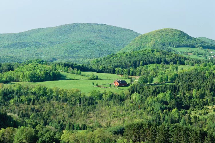 High Angle View Of A Barn In A Field Surrounded By A Forest, Peacham, Caledonia County, Vermont, USA