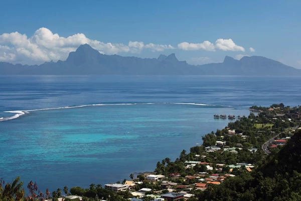 Houses In A Village On The Coast, Moorea, Tahiti, French Polynesia