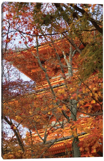 Main Pagoda At Kiyomizu-Dera Temple Seen Through Fall Foliage, Kyoti Prefecture, Japan Canvas Art Print - Pagodas