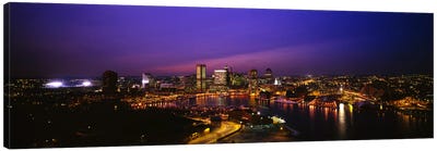 Aerial view of a city lit up at duskBaltimore, Maryland, USA Canvas Art Print - River, Creek & Stream Art