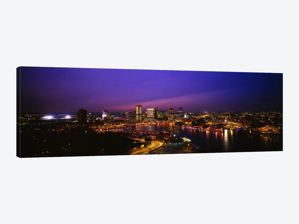Aerial view of a city lit up at duskBaltimore, Maryland, USA by Panoramic Images 1-piece Art Print