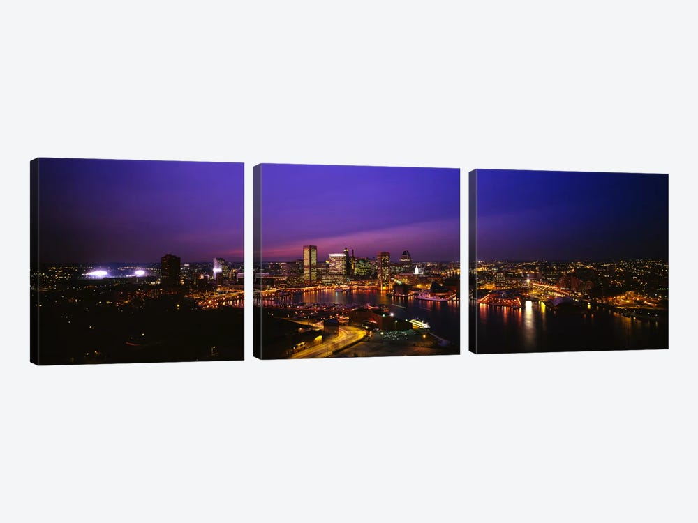 Aerial view of a city lit up at duskBaltimore, Maryland, USA by Panoramic Images 3-piece Canvas Art Print