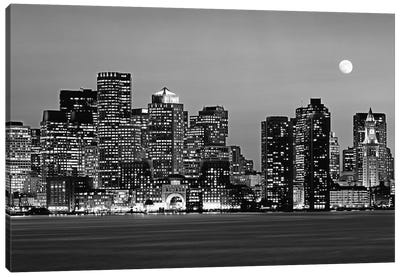 Massachusetts, Boston At Night (Black And White) Canvas Art Print - Boston Skylines