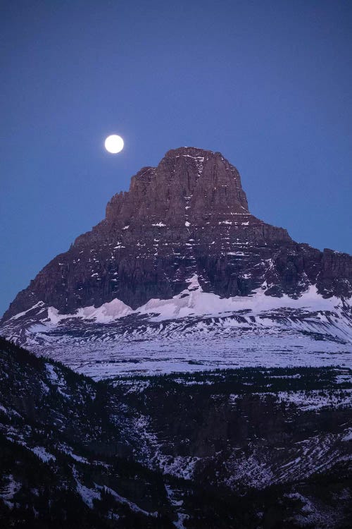 Moon Over Mountain Peak, Glacier National Park, Montana, USA