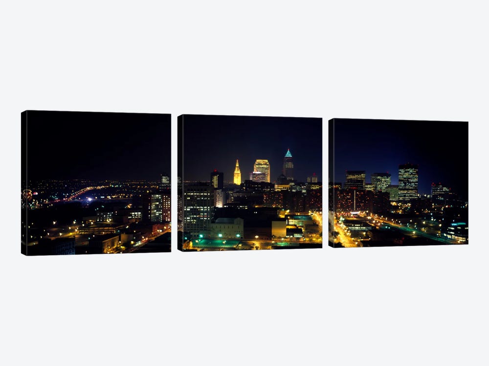 Aerial view of a city lit up at nightCleveland, Ohio, USA by Panoramic Images 3-piece Canvas Artwork