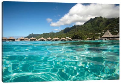 Over Under, Half Water-Half Land, Bungalows On The Beach, Moorea, Tahiti, French Polynesia Canvas Art Print - Tropical Beach Art