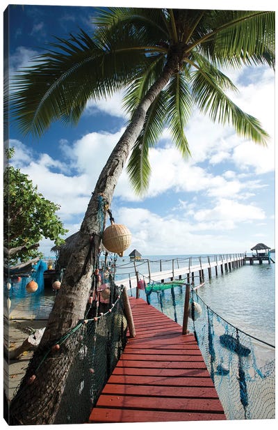 Palm Trees And Dock, Bora Bora, Society Islands, French Polynesia Canvas Art Print - Bora Bora
