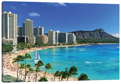 Palm Trees On The Beach, Diamond Head, Waikiki Beach, Oahu, Honolulu, Hawaii, USA Canvas Art Print - Coastal Art