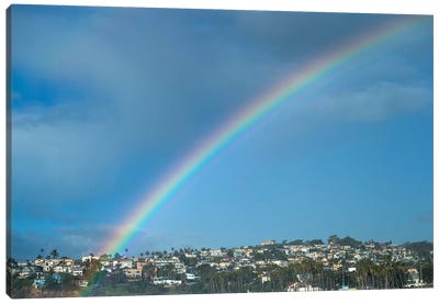 Rainbow Over Houses In A Town, San Pedro, Los Angeles, California, USA Canvas Art Print - Weather Art