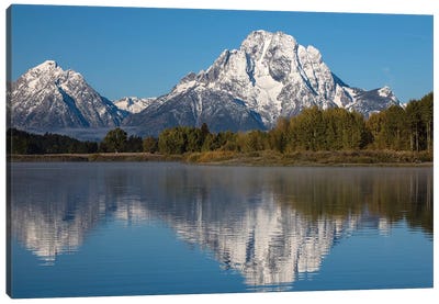 Reflection Of Mountain And Trees On Water, Teton Range, Grand Teton National Park, Wyoming, USA I Canvas Art Print - Snowy Mountain Art