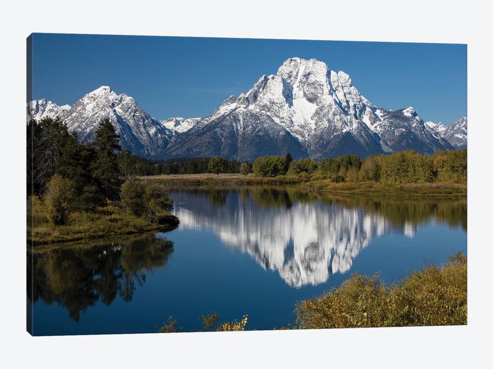 Reflection Of Mountain And Trees On Water, Teton Range, Grand Teton National Park, Wyoming, USA II 1-piece Canvas Print