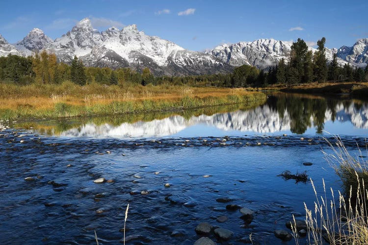 Reflection Of Mountain Range On Water, Teton Range, Grand Teton National Park, Wyoming, USA