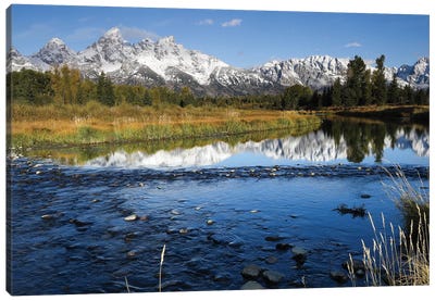 Reflection Of Mountain Range On Water, Teton Range, Grand Teton National Park, Wyoming, USA Canvas Art Print - Snowy Mountain Art