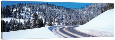 Road Passing Through A Snow Covered Landscape, Big Sky Resort, Montana, USA Canvas Art Print - Snow Art