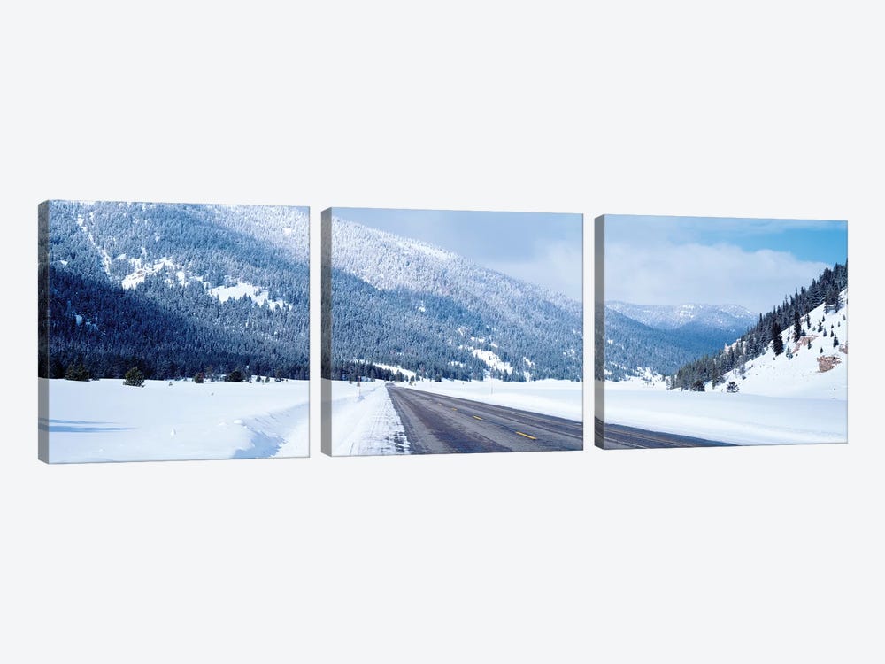 Road Passing Through A Snow Covered Landscape, Yellowstone National Park, Wyoming, USA by Panoramic Images 3-piece Canvas Print