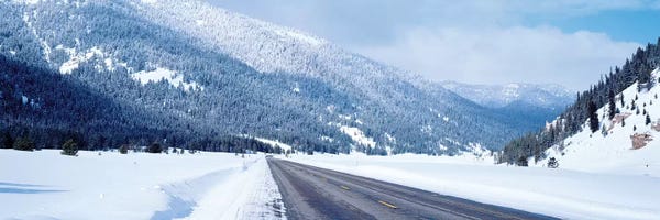 Road Passing Through A Snow Covered Landscape, Yellowstone National Park, Wyoming, USA