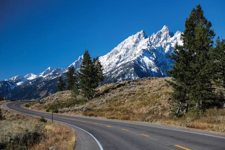 Road With Mountain Range In The Background, Teton Range, Grand Teton National Park, Wyoming, USA