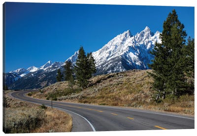 Road With Mountain Range In The Background, Teton Range, Grand Teton National Park, Wyoming, USA Canvas Art Print - Grand Teton Art