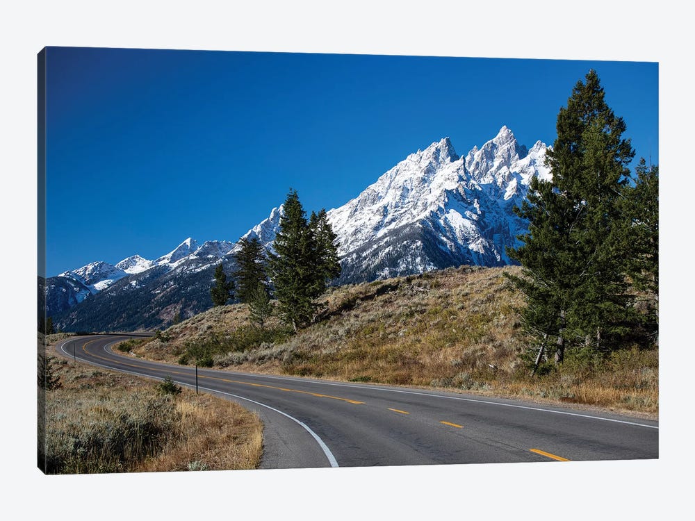 Road With Mountain Range In The Background, Teton Range, Grand Teton National Park, Wyoming, USA by Panoramic Images 1-piece Canvas Wall Art