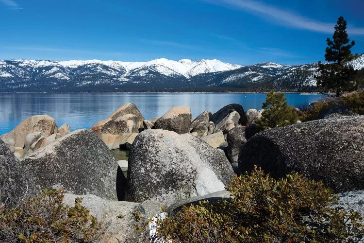 Rocks At The Lakeshore With Mountain Range In The Background, Lake Tahoe, California, USA