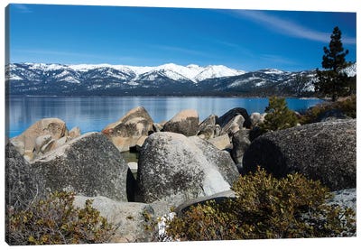 Rocks At The Lakeshore With Mountain Range In The Background, Lake Tahoe, California, USA Canvas Art Print - Nevada Art