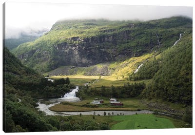 Scenic View Of River Flowing Through Valley, Flam, Sogn Og Fjordane County, Norway Canvas Art Print - Norway Art