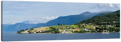 Scenic View Of Village At Seaside, Vangsnes, Vik, Sogn Og Fjordane County, Norway Canvas Art Print - Coastline Art