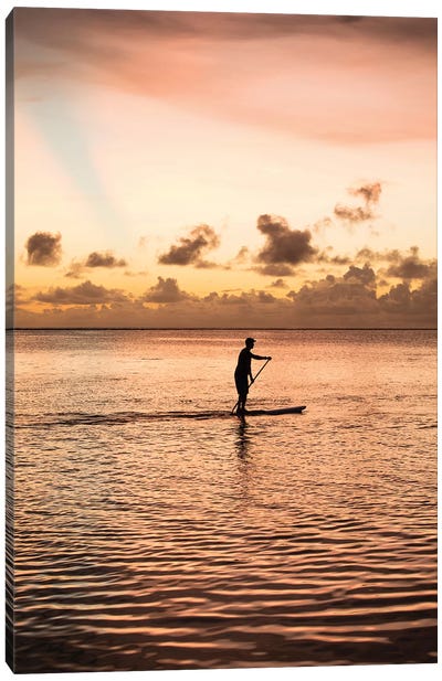 Silhouette Of Man Paddleboarding In The Pacific Ocean, Bora Bora, Society Islands, French Polynesia Canvas Art Print - Beach Sunrise & Sunset Art