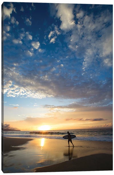Silhouette Of Surfer Walking On The Beach At Sunset, North Shore, Hawaii, USA Canvas Art Print - Surfing Art