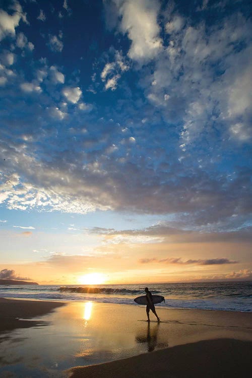 Silhouette Of Surfer Walking On The Beach At Sunset, North Shore, Hawaii, USA