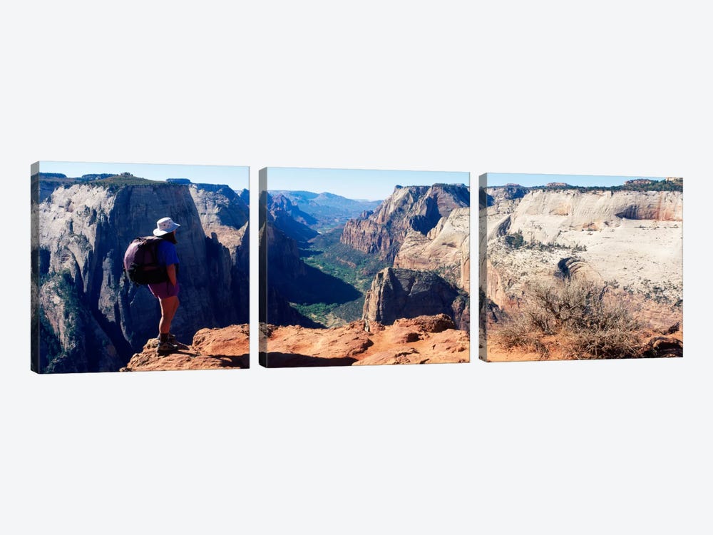 Female hiker standing near a canyonZion National Park, Washington County, Utah, USA by Panoramic Images 3-piece Canvas Art Print