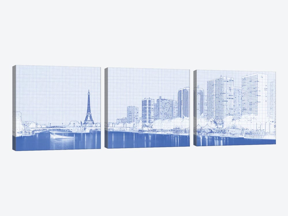 Skyscraper At The Waterfront With Eiffel Tower In The Background, Seine River, Paris, France by Panoramic Images 3-piece Canvas Print