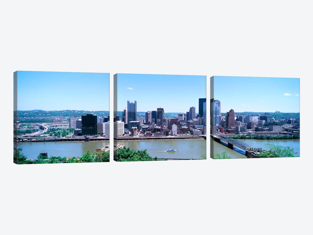 Buildings at the waterfront, Monongahela River, Pittsburgh, Pennsylvania, USA by Panoramic Images 3-piece Canvas Print