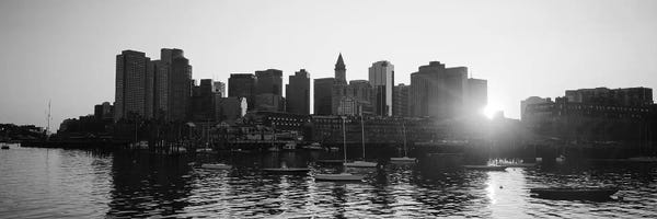 Massachusetts: Sunset Over Skyscrapers, Boston, Massachusetts, USA (Black And White) by Panoramic Images