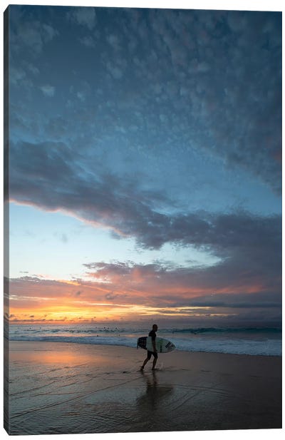 Surfer Walking On The Beach At Sunset, Hawaii, USA III Canvas Art Print - Surfing