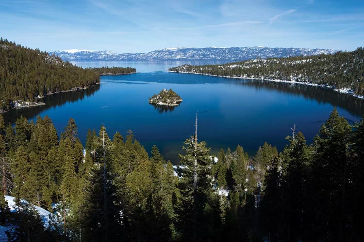 Trees At Lakeshore With Mountain Range In The Background, Lake Tahoe, California, USA I