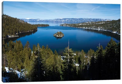 Trees At Lakeshore With Mountain Range In The Background, Lake Tahoe, California, USA I Canvas Art Print - Lake Tahoe Art