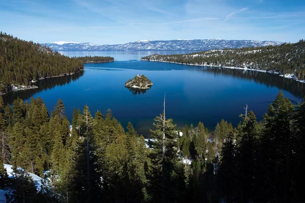 Trees At Lakeshore With Mountain Range In The Background, Lake Tahoe, California, USA I