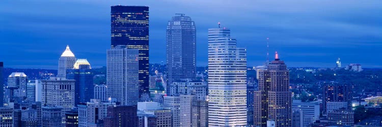 High angle view of skyscrapers lit up at duskPittsburgh, Pennsylvania, USA