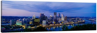 Buildings lit up at night, Monongahela River, Pittsburgh, Pennsylvania, USA Canvas Art Print - Pittsburgh Art