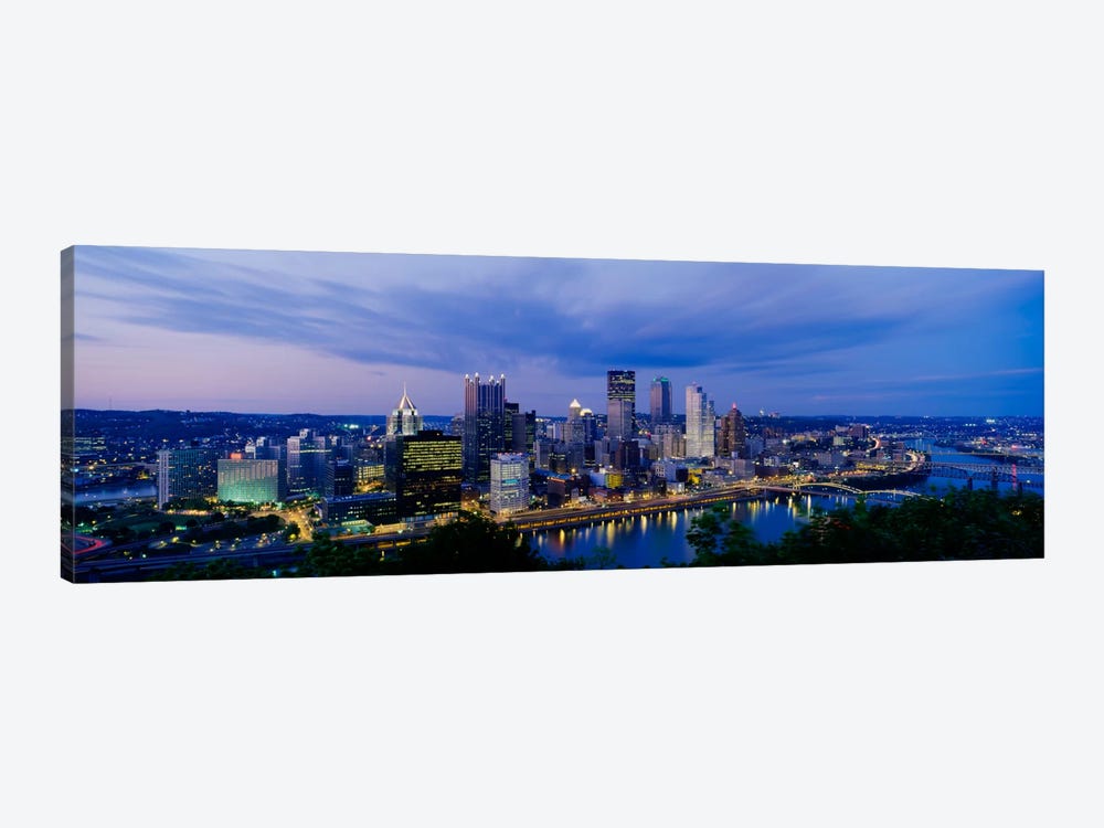 Buildings lit up at night, Monongahela River, Pittsburgh, Pennsylvania, USA by Panoramic Images 1-piece Canvas Art Print