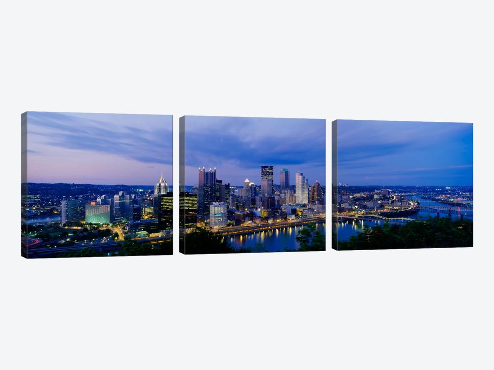 Buildings lit up at night, Monongahela River, Pittsburgh, Pennsylvania, USA by Panoramic Images 3-piece Canvas Art Print