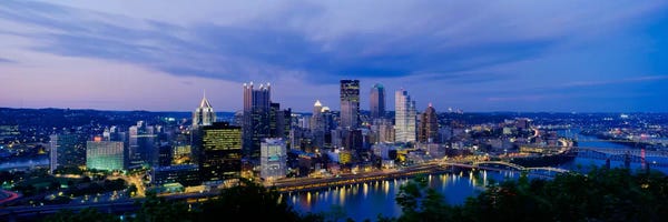Pennsylvania: Buildings lit up at night, Monongahela River, Pittsburgh, Pennsylvania, USA by Panoramic Images